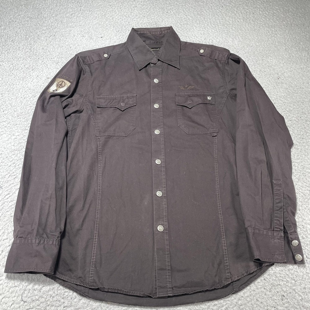 7 Diamonds Shirt‎ Mens Medium Brown Military Peace Embroidered Button Front